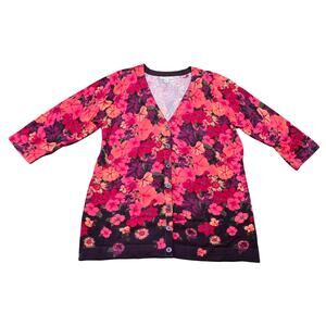 Isaac Mizrahi Live! Red Purple Floral Print V Neck Long Button Cardigan Sweater